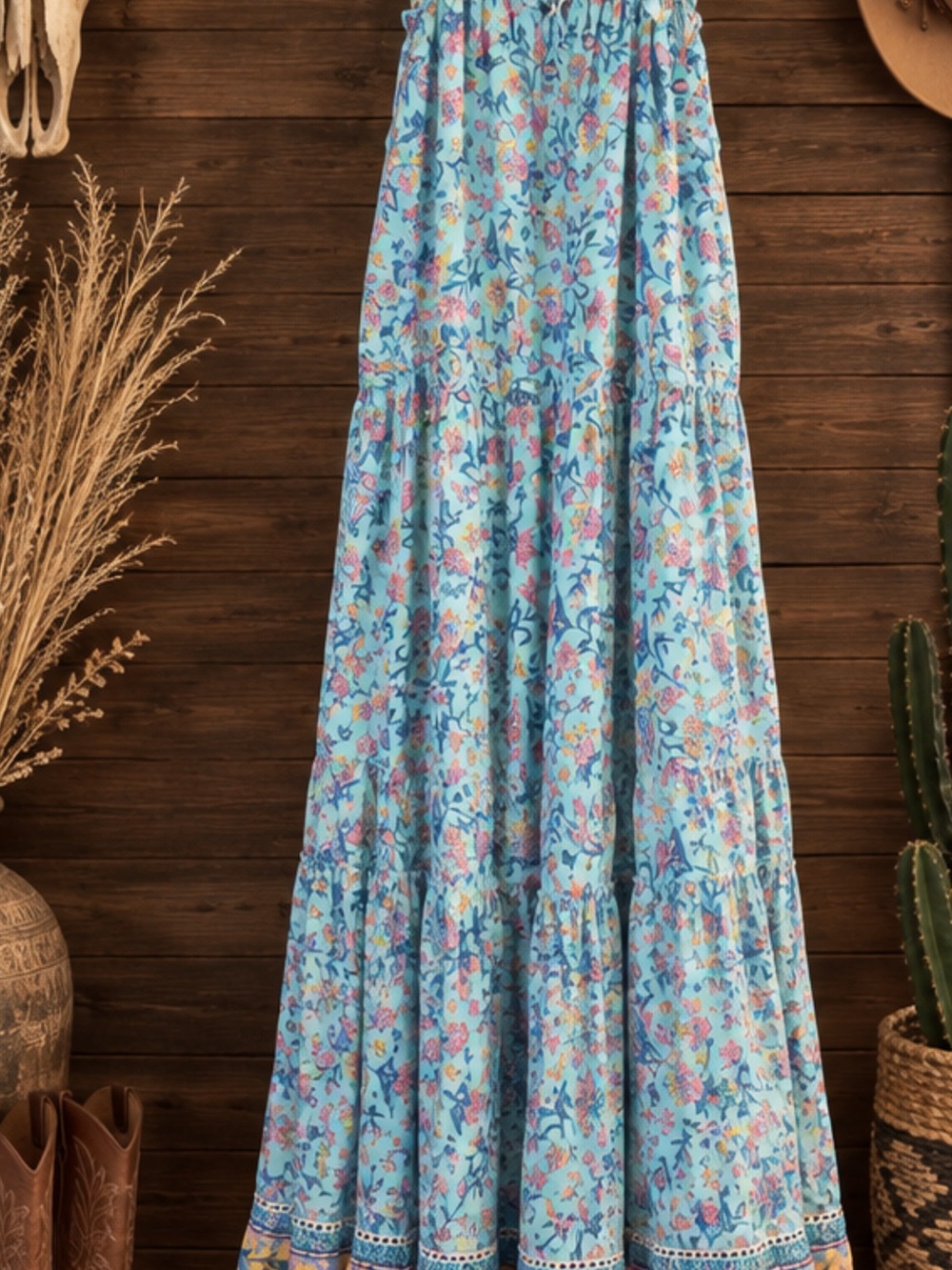 Light Blue Floral Tiered Maxi Dress